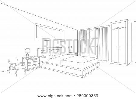 Bedroom Furniture Interior. Room Line Sketch Drawing. Home Indoor Design. Perspective Of A Interior 