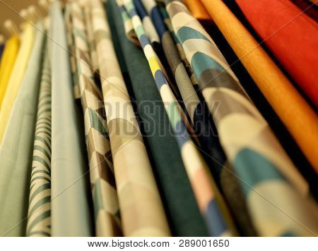 Sale! colorful fabrics in the store, close up