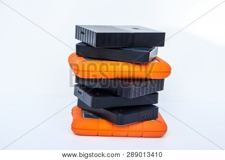 Different Kinds Of External Computer Storage Hard Drives - Isolated On White Background