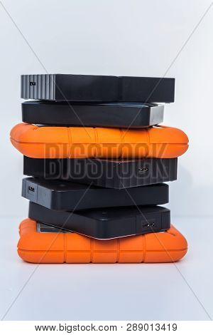 Different Kinds Of External Computer Storage Hard Drives - Isolated On White Background