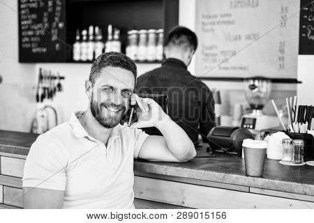 Coffee Take Away Option For Busy People. Man With Smartphone Order Coffee. Coffee Break Concept. Let