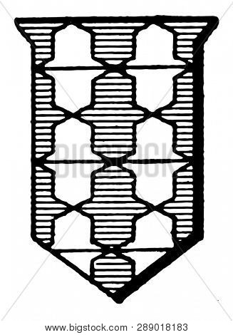Counter-Vair Shield Fur is a represented by alternating azure in blue, vintage line drawing or engraving illustration.