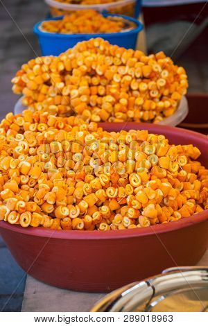 Candied Orange Peel. Candied Fruits On The Counter Of The Turkish Market. Rolled Orange Peel. Turkis