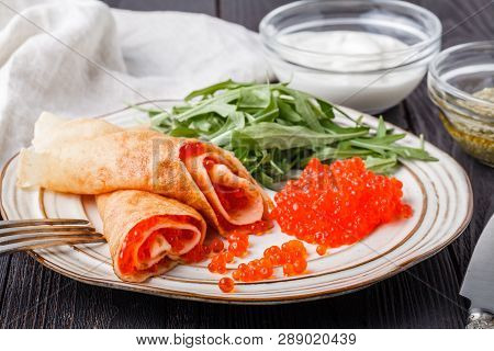 Pancakes With Red Caviar, Carnival In Russiaa