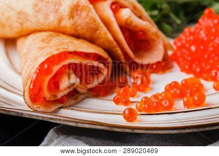 Pancakes With Red Caviar, Carnival In Russiaa