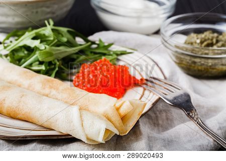 Pancakes With Red Caviar, Carnival In Russiaa