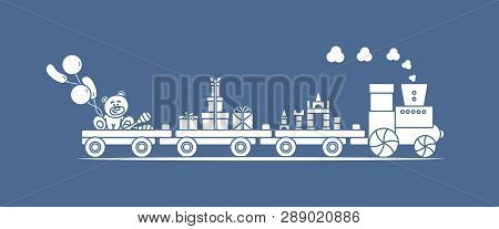 Funny Vector Illustration With Train Carries Toys: Baby Toy Musical Maracas, Designer, Bear, Gifts, 