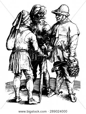 The Three Peasants was created by artist Albrecht DÃ¼rer, vintage line drawing or engraving illustration.