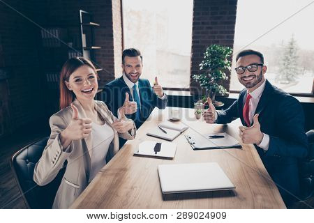 Portrait Of His He Her She Three Elegant Stylish Handsome Cheerful Executive Managers Contract Sign 