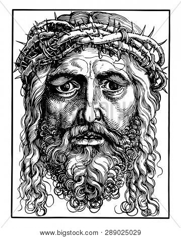 Large Head of Christ is a chiaroscuro woodcut, vintage line drawing or engraving illustration.