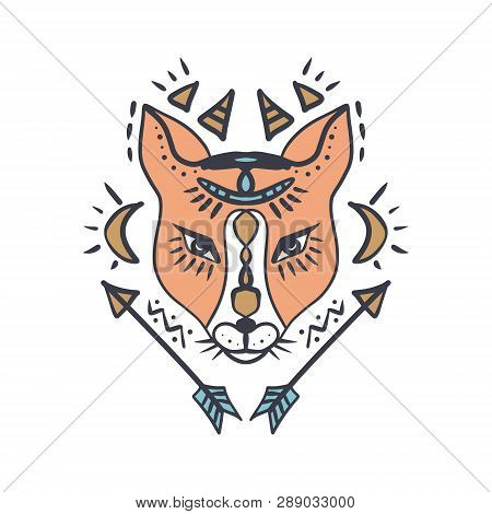 Beautiful Girl Fox Face, Boho Hippie Illustration. Portrait With Ornament. Northen Style, Sticker