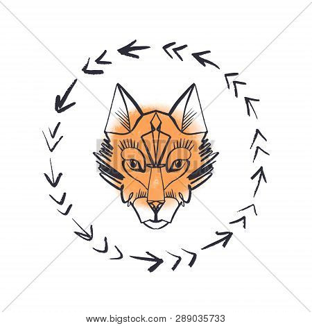 Totem Wolf Or Fox, Boho Hippie Illustration For Sketches Of Tattoos. Northen Style, Sticker. Antistr