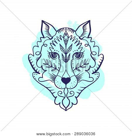 Totem Wolf Or Fox, Boho Hippie Illustration For Sketches Of Tattoos. Northen Style, Sticker. Antistr
