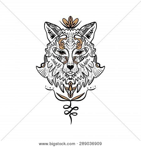 Totem Wolf Or Fox, Boho Hippie Illustration For Sketches Of Tattoos. Northen Style, Sticker. Antistr