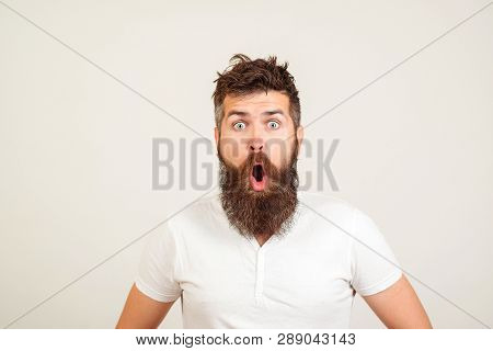 Shocked Bearded Man Stares At Camera. Bearded Hipster Guy Widely Opened Mouth And Eyes. Human Face E