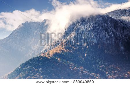 Spring On Ceahlau Mountain, Romania. Spring Day With Fog On Ceahlau Peak And Snowy Trees