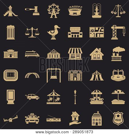 City Icons Set. Simple Style Of 36 City Vector Icons For Web For Any Design