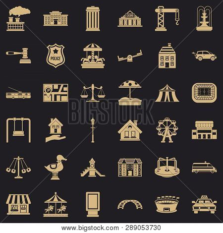 Big City Icons Set. Simple Style Of 36 Big City Vector Icons For Web For Any Design