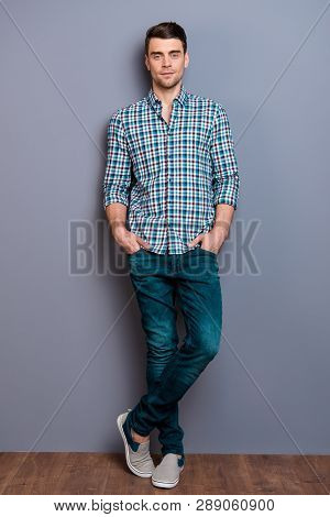 Vertical Full Length Body Size Photo Amazing He Him His Man Arms Hands Pocket Ideal Perfect Hairdo S