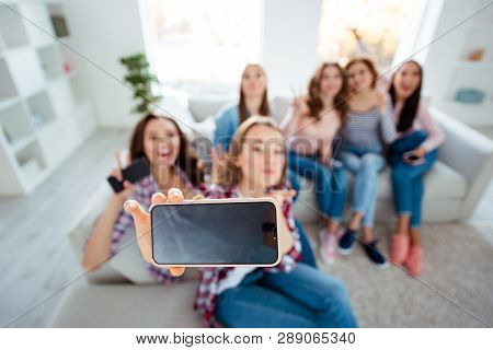 Above Hign Angle View Of Nice Charming Attractive Cheerful Cheery Ladies Taking Making Selfie Showin