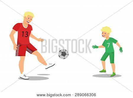 Vector Flat Dad In Red Tshirt Kicks Ball. Family Playing Football In Fresh Air Active Lifestyle. Son