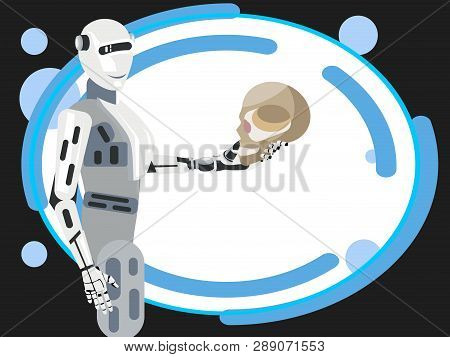The Future Of Mankind, The Robot Holds The Human Skull. In Minimalist Style Cartoon Flat Vector