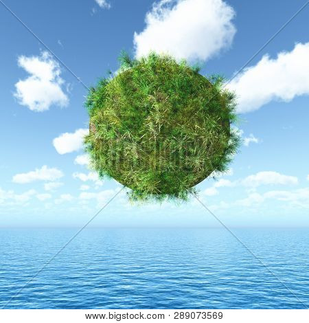 3D render of a grassy globe floating over an ocean landscape