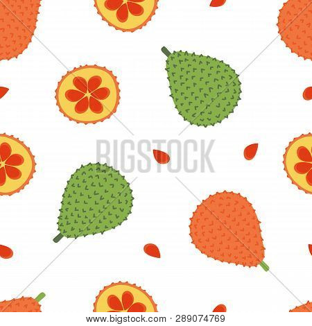 Cute Cartoon Style Vector Seamless Pattern Background With Gac Fruit Or Baby Jack Fruit.
