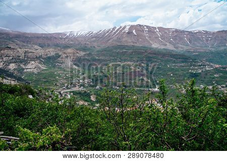 Faraya Valley And Village With Scattered Houses Shot From The Hill. Lebanon