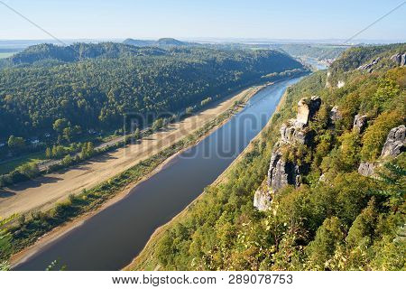 View From The Rock Of The Bastei In The Elbe Sandstone Mountains On The River Elbe Near Rathen