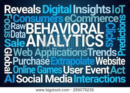 Behavioral Analytics Word Cloud on Blue Background