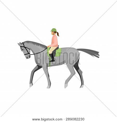 Woman Riding Gray Jogging Horse Isolated Against White Background