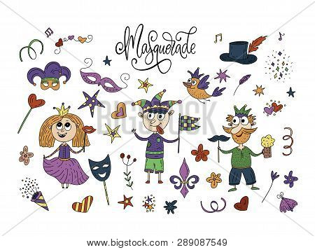 Mardi Gras Party Vector Illustration. Carnival Card With Doodle Charaster Illustrations Masquerade S