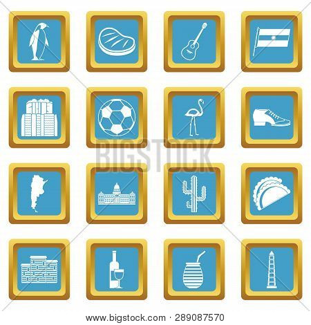 Argentina Travel Items Icons Set In Azur Color Isolated Illustration For Web And Any Design