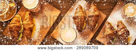 Web Banner 3 In 1 Crop For Design. Image With White Powder Desor Frame. Fresh Croissant And Original