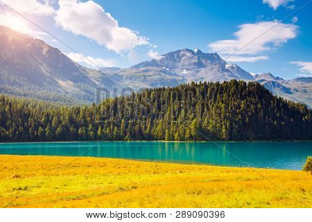 Exotic alpine lake Champfer in beautiful summer day. Location place Silvaplana village, Swiss alps, district Maloja, Europe. Scenic image of popular tourist destination. Discover the beauty of earth.