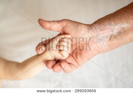 Hands Of Young Great-grandson And Old Great-grandmother. Happy Family Concept. Beautiful Conceptual 