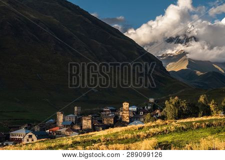 Mountain Landscape With Famous Georgian Village Ushguli In The Sunset Light
