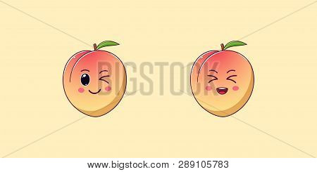 Cute Kawaii Peach, Cartoon Ripe Fruit. Vector Illustration Of Cartoon Honeyed Peach With Winking And