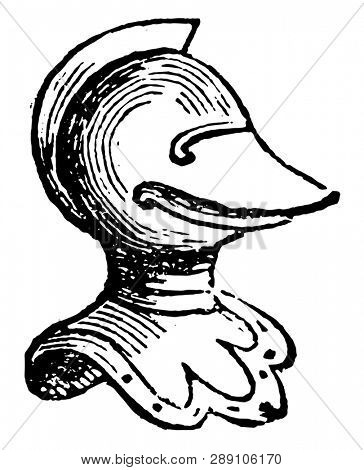 Closed Helmet Direct seen in profile is appropriated to esquires, vintage line drawing or engraving illustration.