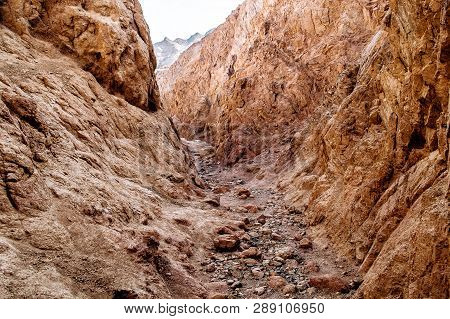 Entrance To Closed Canyon In The Hiking Trail In The Desert Region Of Sinai Peninsula, Egypt. Rocks