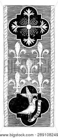 Altar Cloth was embroidered by hand in gold and silk, It includes a drawing of a dove on the bottom, vintage line drawing or engraving illustration.