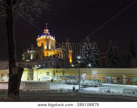 Lviv, Ukraine - December 10, 2017: Night Winter Illuminated Cityscape. St. George Cathedral (build I