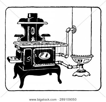 Coal Fuelled water heater and Stove uses coal as heating source to cook food and heat water through an outlet tube, vintage line drawing or engraving illustration.