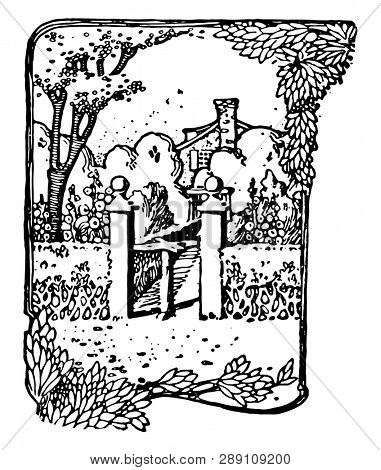Garden Entrance, community, gate, house, neighborhood, arch, Archway, Italian, Italy, volterra, vintage line drawing or engraving illustration