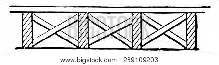 This illustration represents Strutted Floor which is made from crossed struts to secure the floor joists, vintage line drawing or engraving illustration.