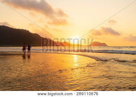 Sunset Over Zarauz City Beach At Summer, Pais Vasco, Spain