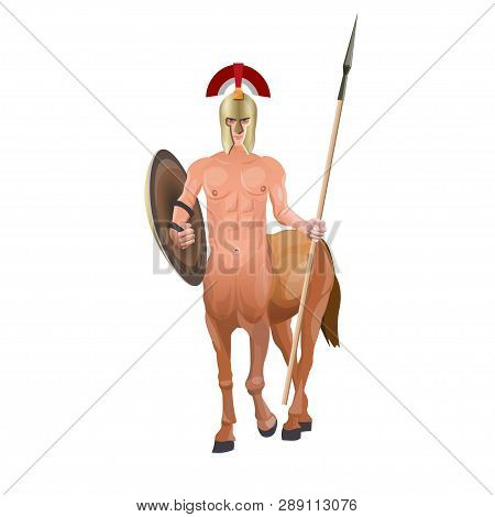 Ancient Mythical Creature. Centaur Warrior With Spear And Shield. Vector Illustration Isolated On Wh
