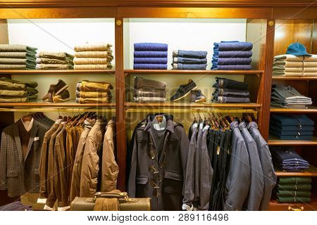 LINATE, ITALY - CIRCA NOVEMBER, 2017: clothing on display at Brooks Brothers shop in Milan Linate Airport.