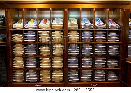 LINATE, ITALY - CIRCA NOVEMBER, 2017: clothing on display at Brooks Brothers shop in Milan Linate Airport.